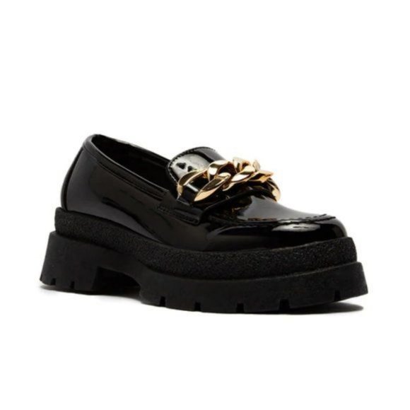 !! NEW !! Black Patent Chunky Heel Platform Loafers with Chain Detail - Picture 3 of 5